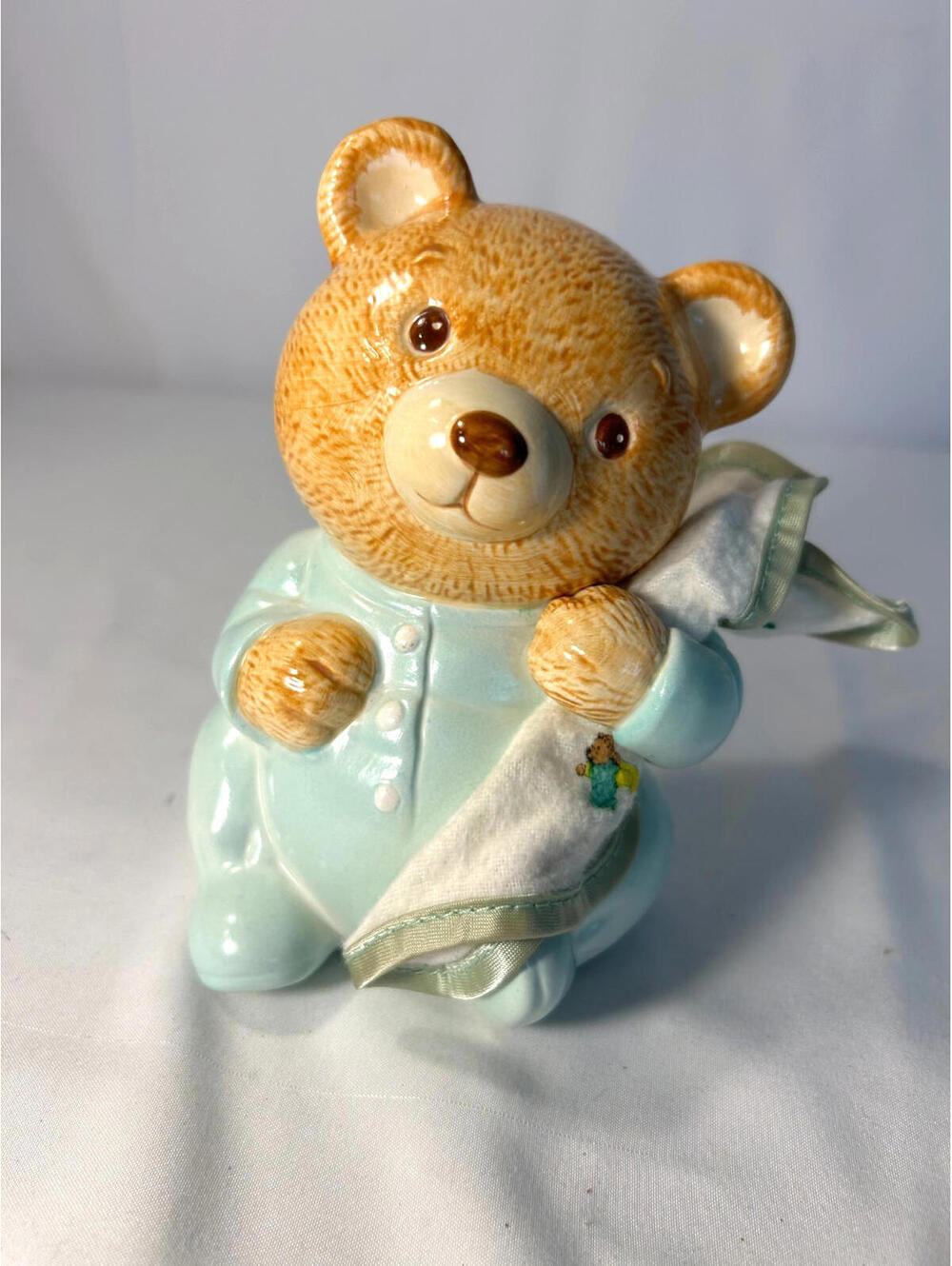 VTG Ceramic Teddy Bear in Drop Seat PJ’s  Holding Blanket Bank 5"